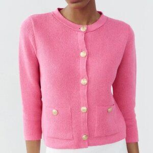 Zara Pink Cardigan Gold Button Details Front Pockets Long Sleeve Textured
